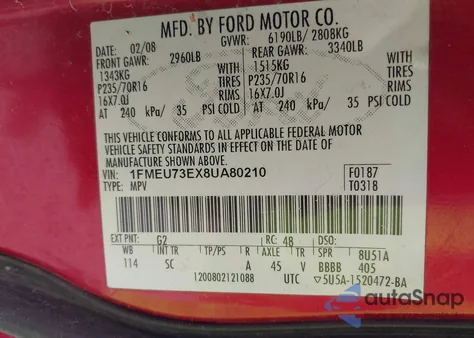 2008 Ford Explorer Xlt from USA, damaged, VIN 1FMEU73EX8UA80210